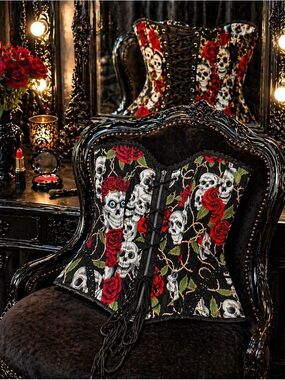 Living Dead Souls Skulls & Rose Corset- Custom Zip Gothic Bustier (One Of A Kind